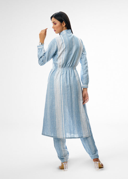 Button Up Tunic in Blue with White Stripes Top and Bottom Set