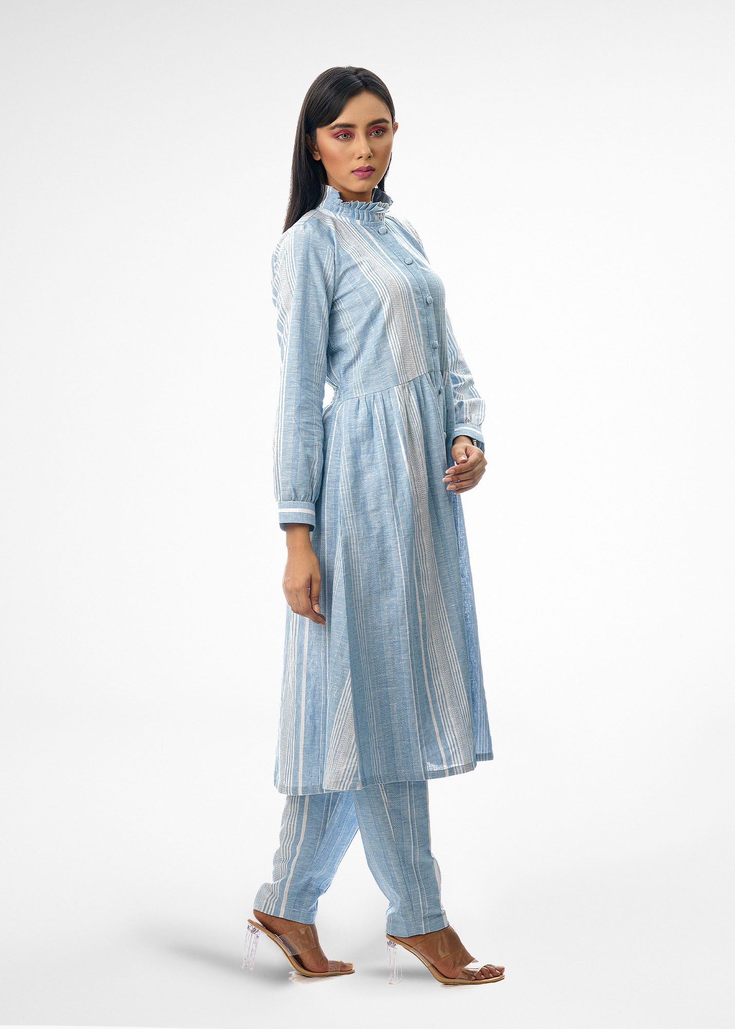 Button Up Tunic in Blue with White Stripes Top and Bottom Set