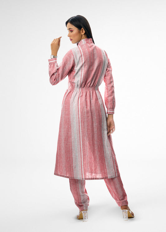 Button Up Tunic in Red with White Stripes Top and Bottom Set