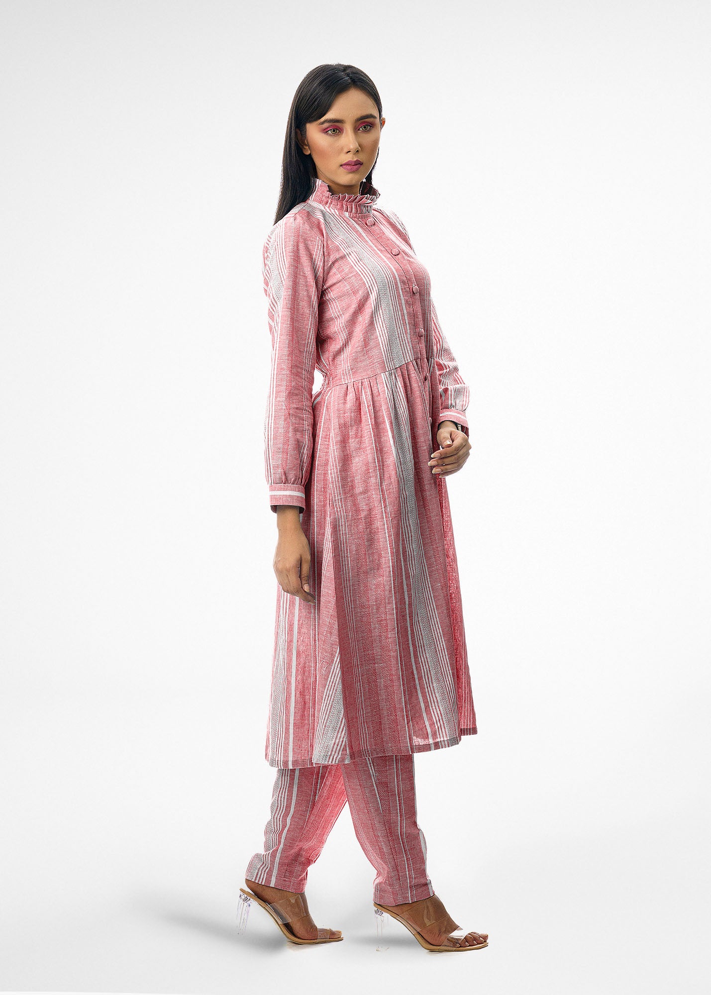 Button Up Tunic in Red with White Stripes Top and Bottom Set