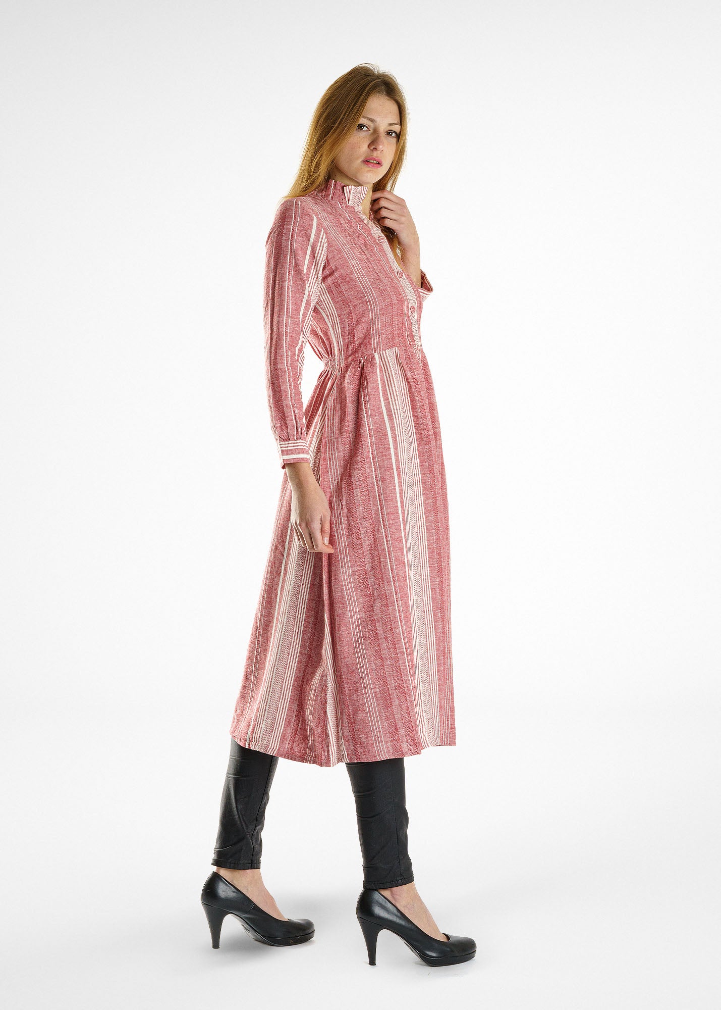 Button Up Tunic Dress in Red with White Stripes