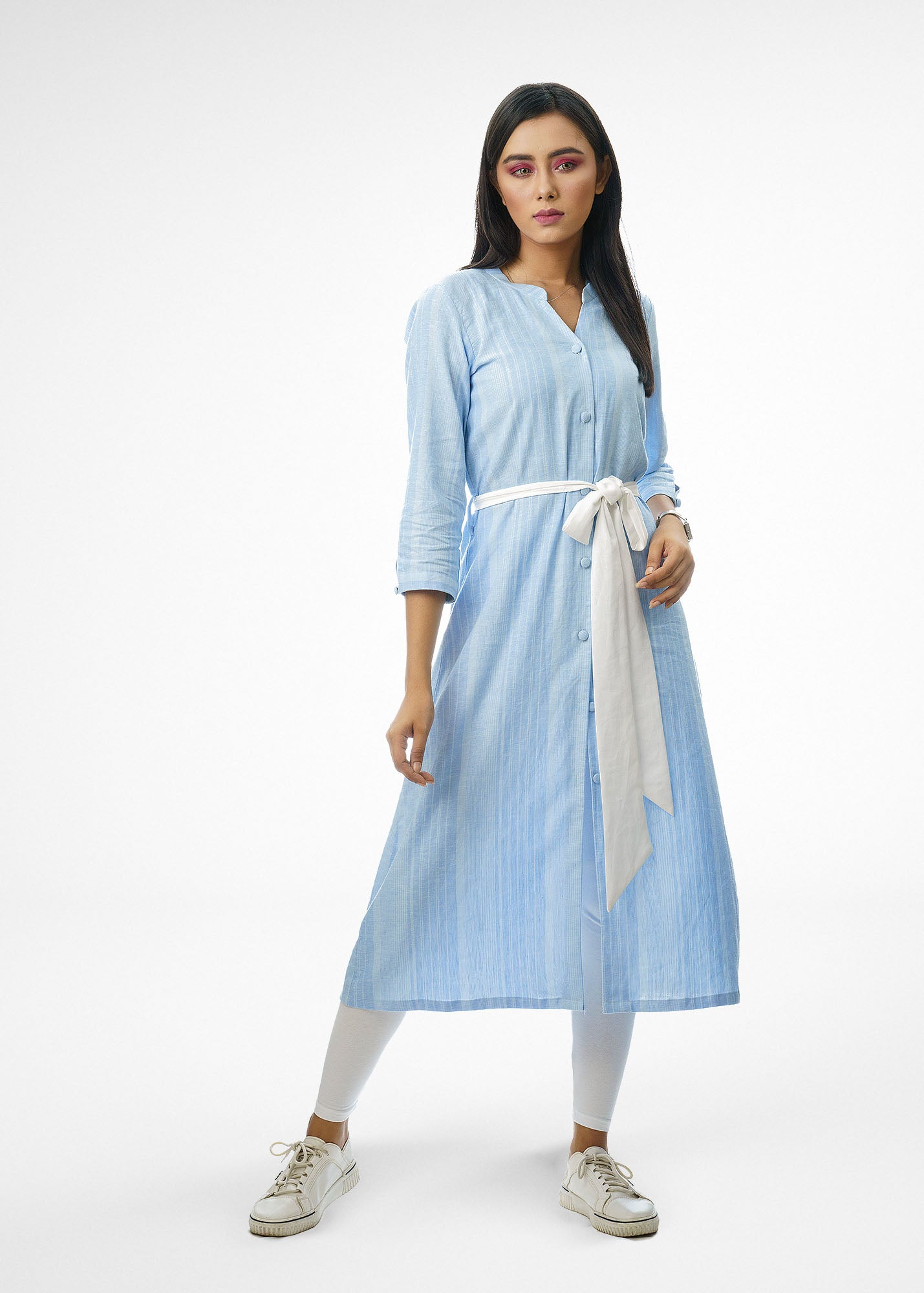 Dual Tone Baby Blue Striped Dress with Strap