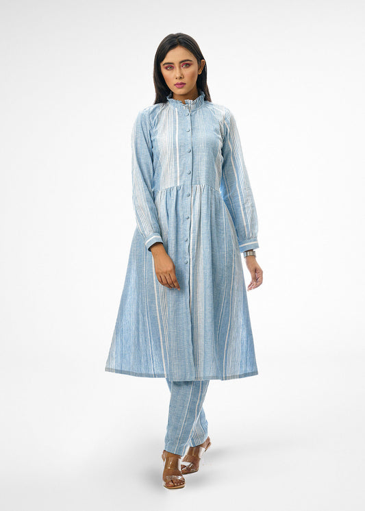 Button Up Tunic in Blue with White Stripes Top and Bottom Set