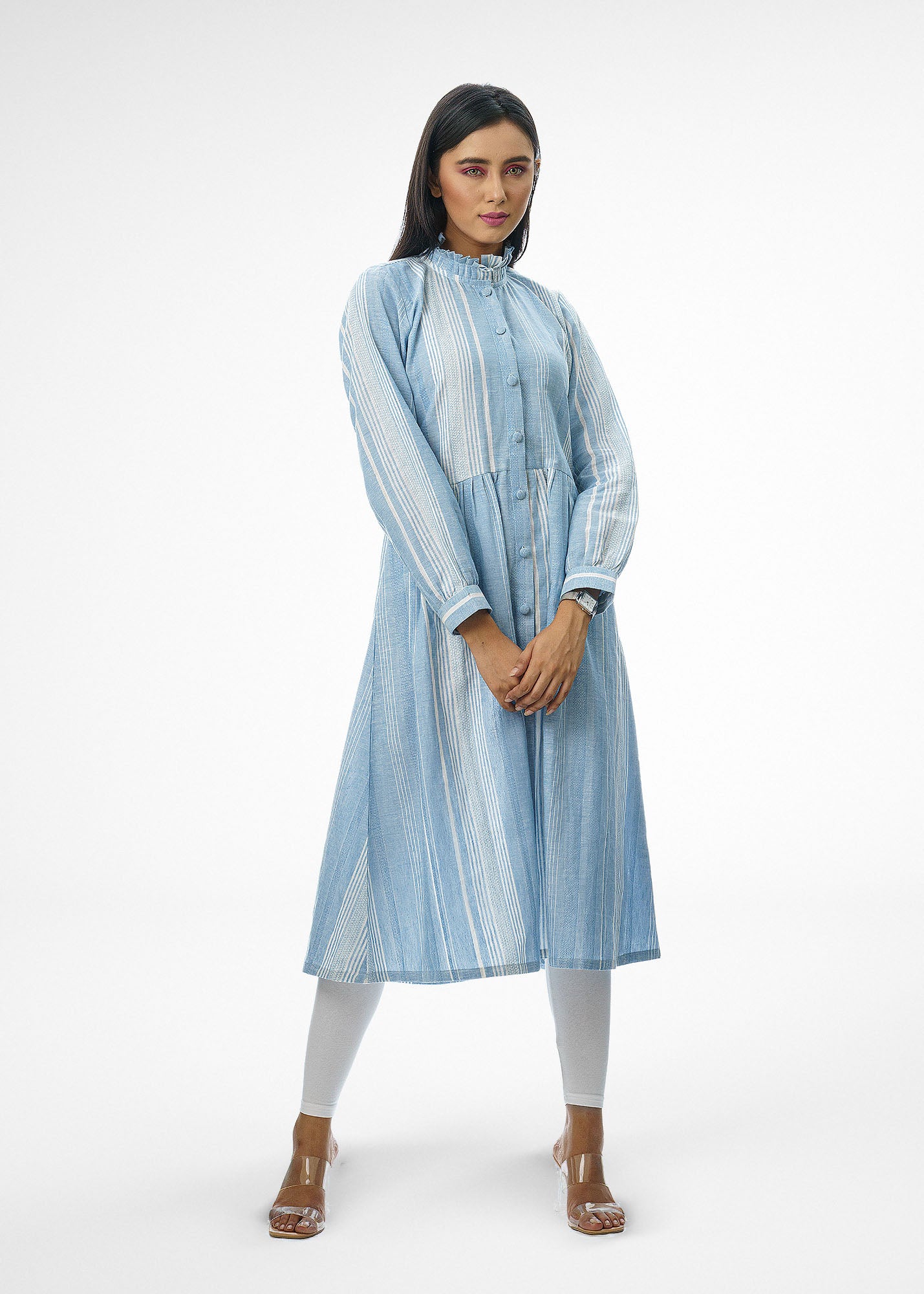 Button Up Tunic Dress in Blue with White Stripes