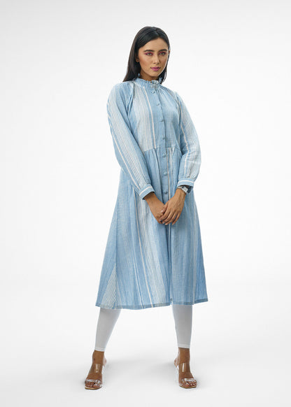 Button Up Tunic Dress in Blue with White Stripes