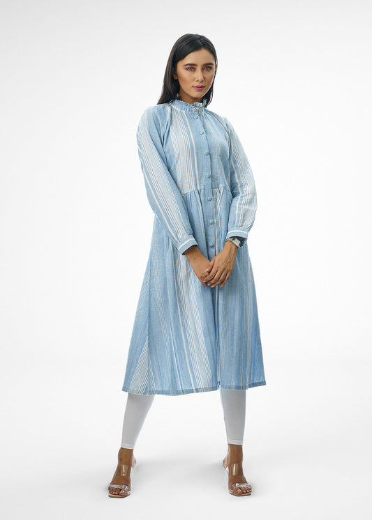 Button Up Tunic Dress in Blue with White Stripes