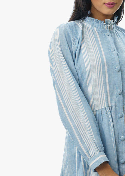 Button Up Tunic Dress in Blue with White Stripes