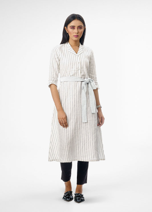 Off White Pinstripe Dress with Strap