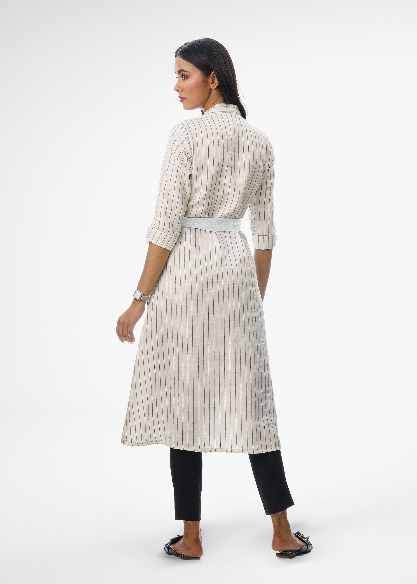 Off White Pinstripe Dress with Strap