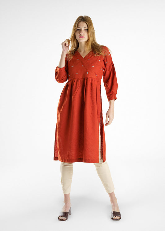 Burnt Red Eastern Styled Kurti Tunic with Embroidery